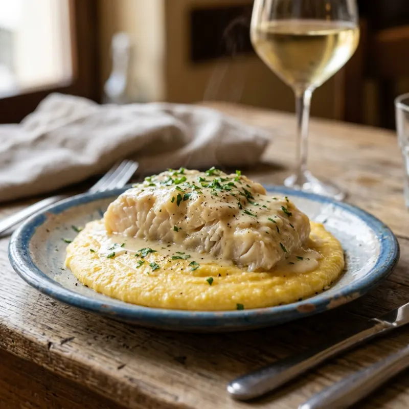 A plate of traditional Baccalà alla Vicentina with yellow polenta
