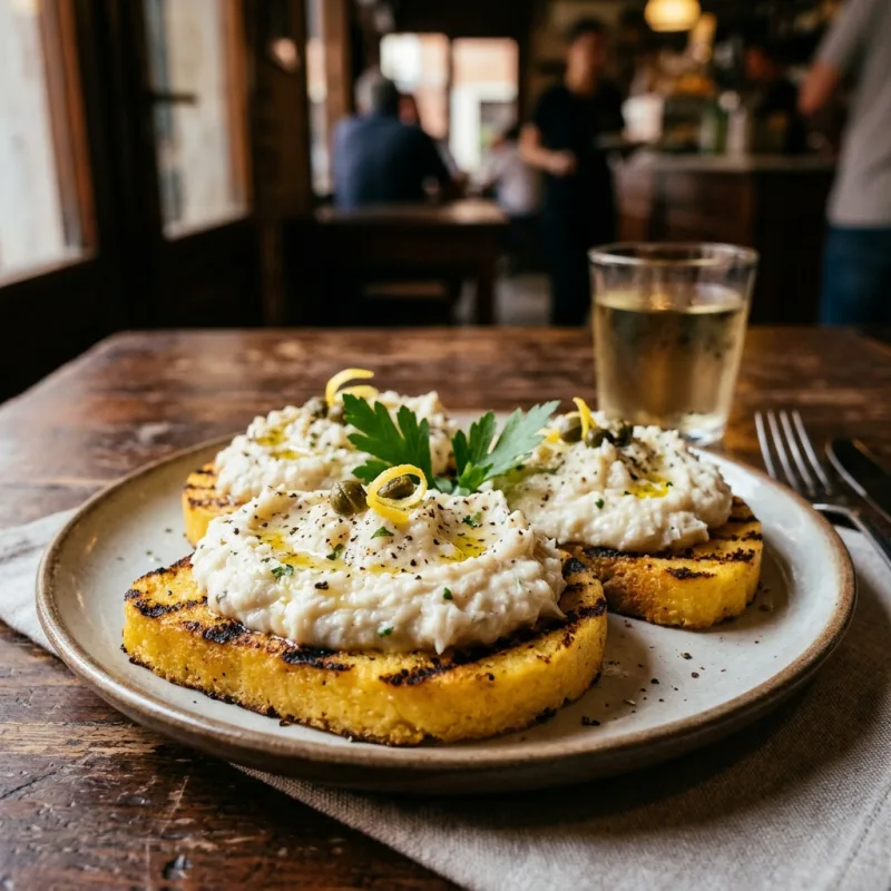 Baccalà Mantecato served on grilled polenta in a Venetian bacaro