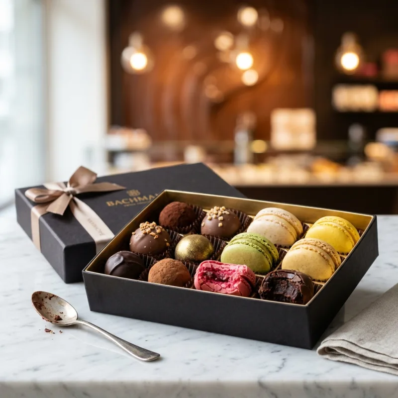 A box of assorted Bachmann truffles and macarons