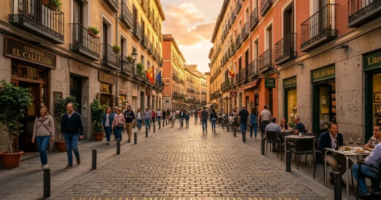 Barrio de las Letras 8 Cobblestone street with golden literary quotes in Barrio de las Letras, Madrid