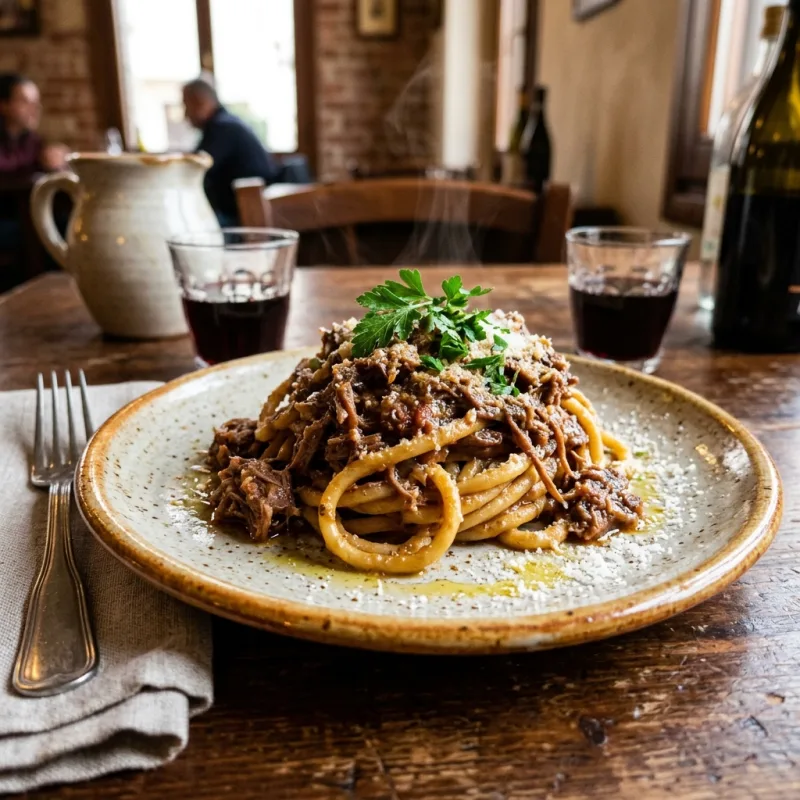 A plate of traditional Bigoli al ragù d'anatra pasta