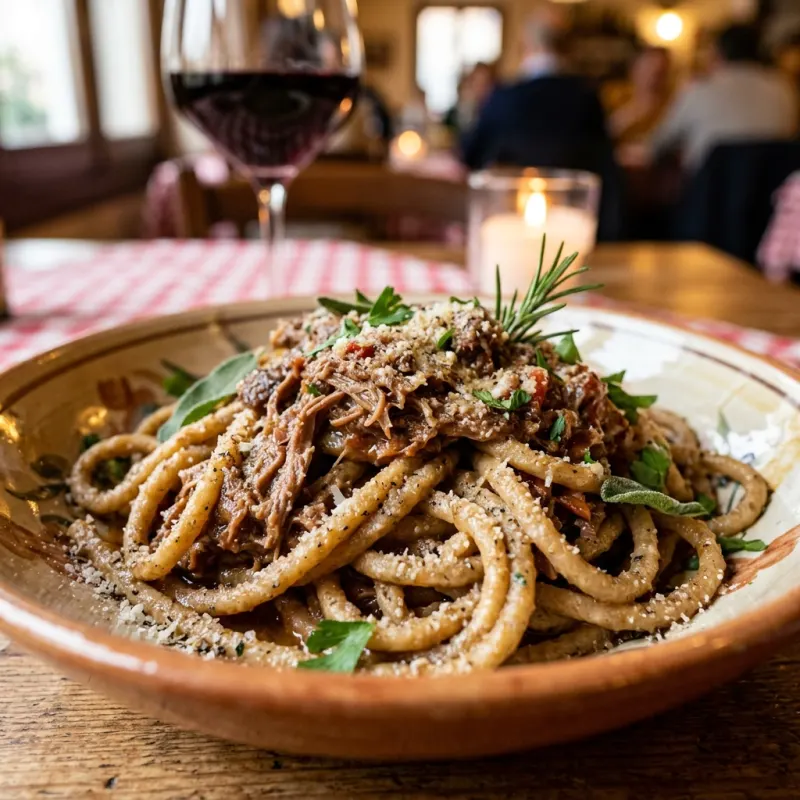 A bowl of traditional Bigoli con l'anatra pasta in Padua