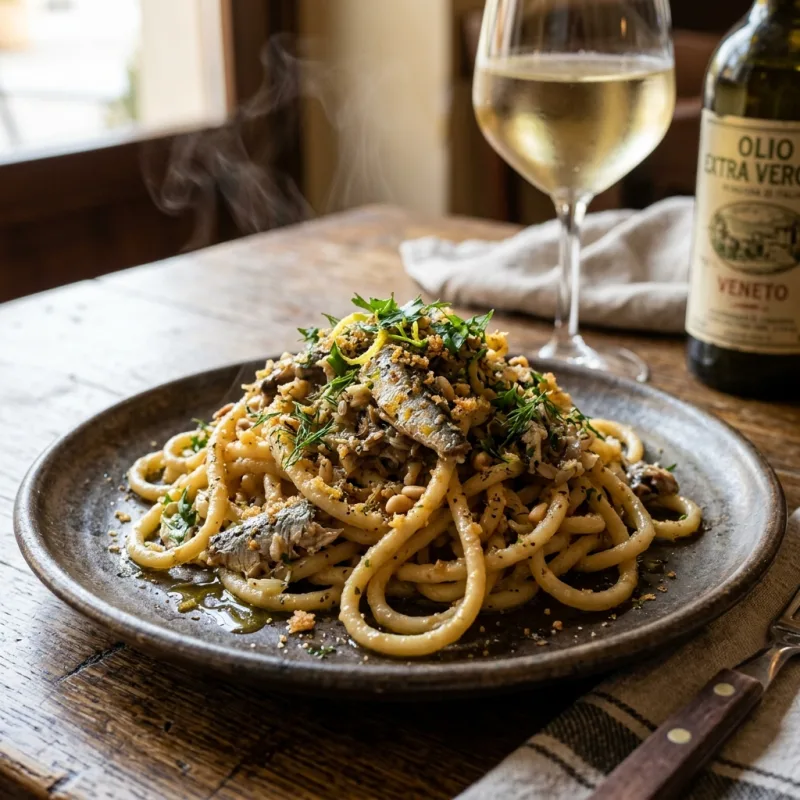 A plate of traditional Bigoli con le Sarde pasta from Lake Garda