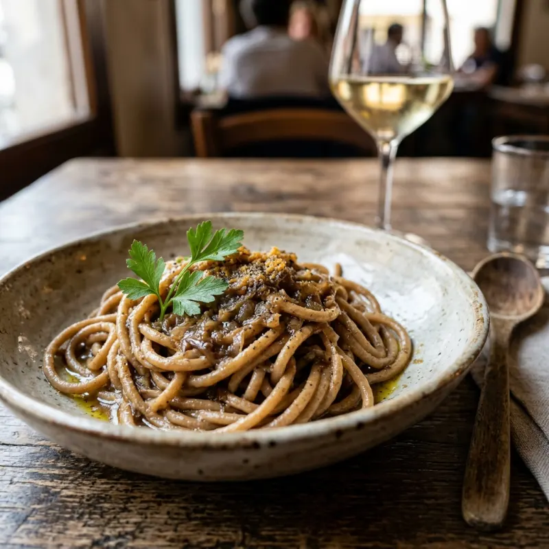 A bowl of traditional Bigoli in salsa pasta from Padua