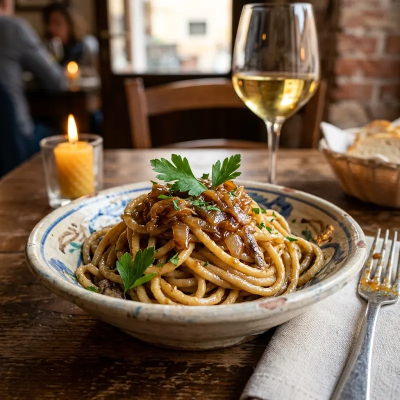 A bowl of traditional Venetian Bigoli in Salsa pasta