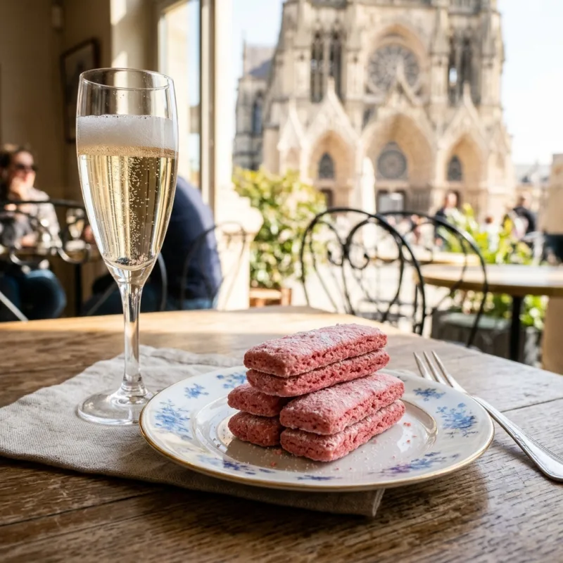 Biscuit Rose de Reims with a glass of Champagne