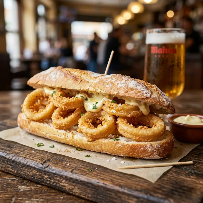 Bocadillo de Calamares sandwich on a wooden table