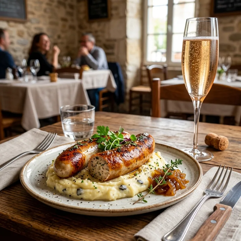 Boudin Blanc de Rethel served with mashed potatoes and champagne