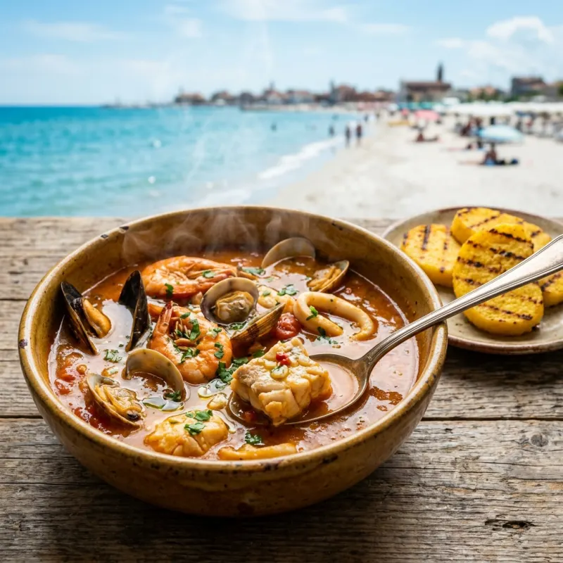 A bowl of traditional Broeto Ciosoto fish soup with grilled polenta