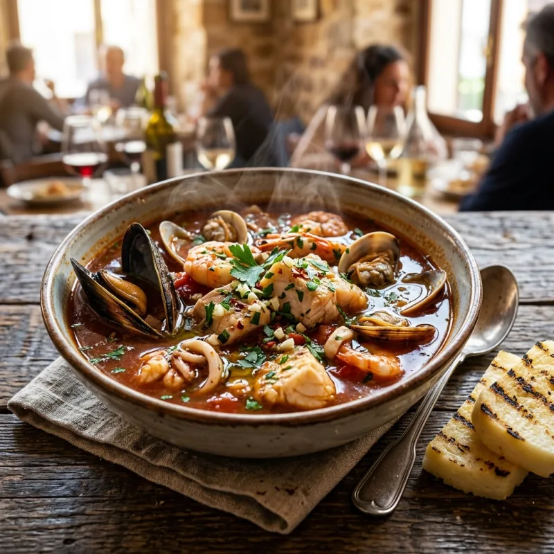A bowl of traditional Broeto Ciosoto fish soup with white polenta
