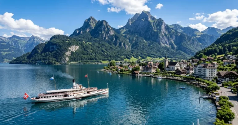 Brunnen 5 Wide angle view of Brunnen and Lake Lucerne with a paddle steamer and the Swiss Alps