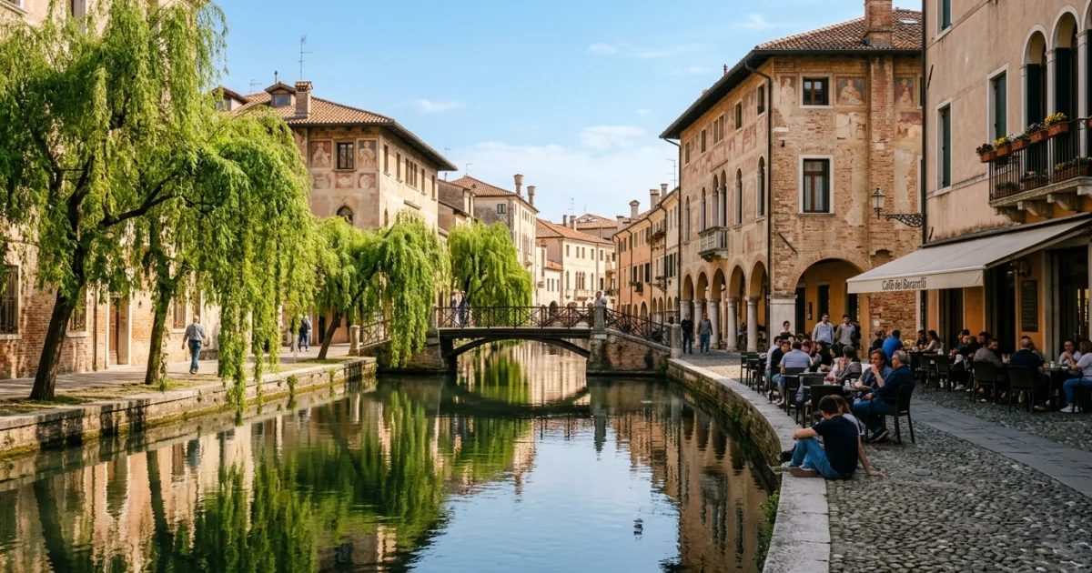 Travel Guides 3 Scenic view of the Canale dei Buranelli in Treviso with historic buildings and weeping willows