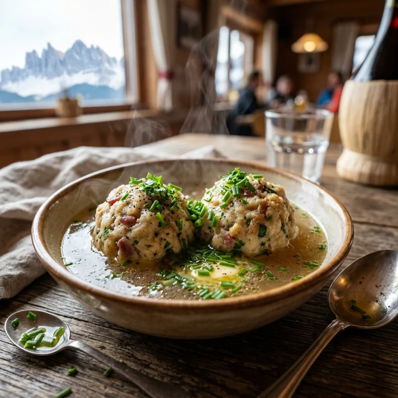 A bowl of traditional Canederli dumplings in broth