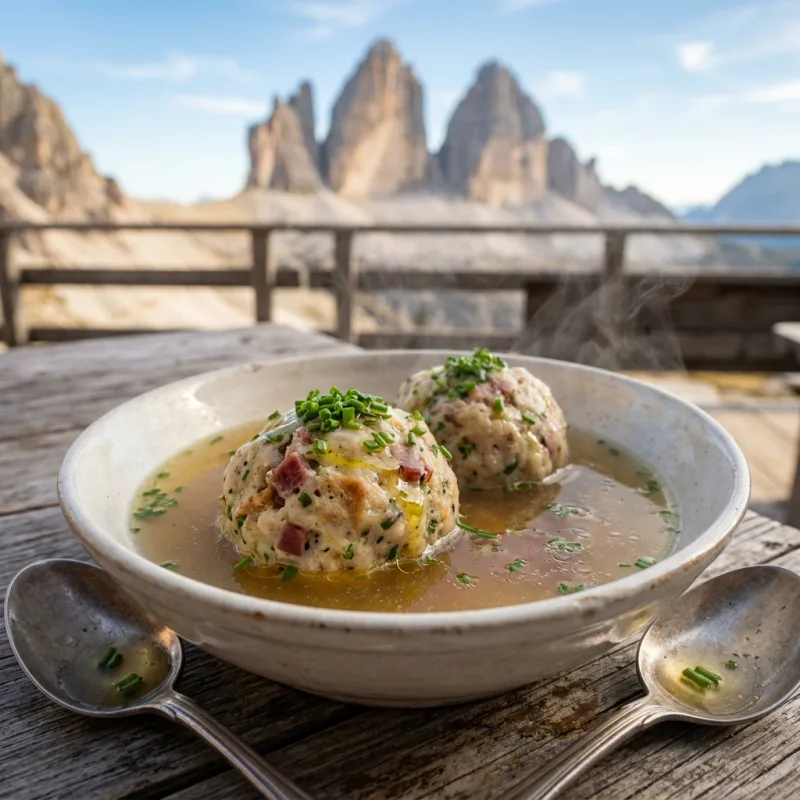A bowl of traditional Canederli dumplings in broth at a mountain hut
