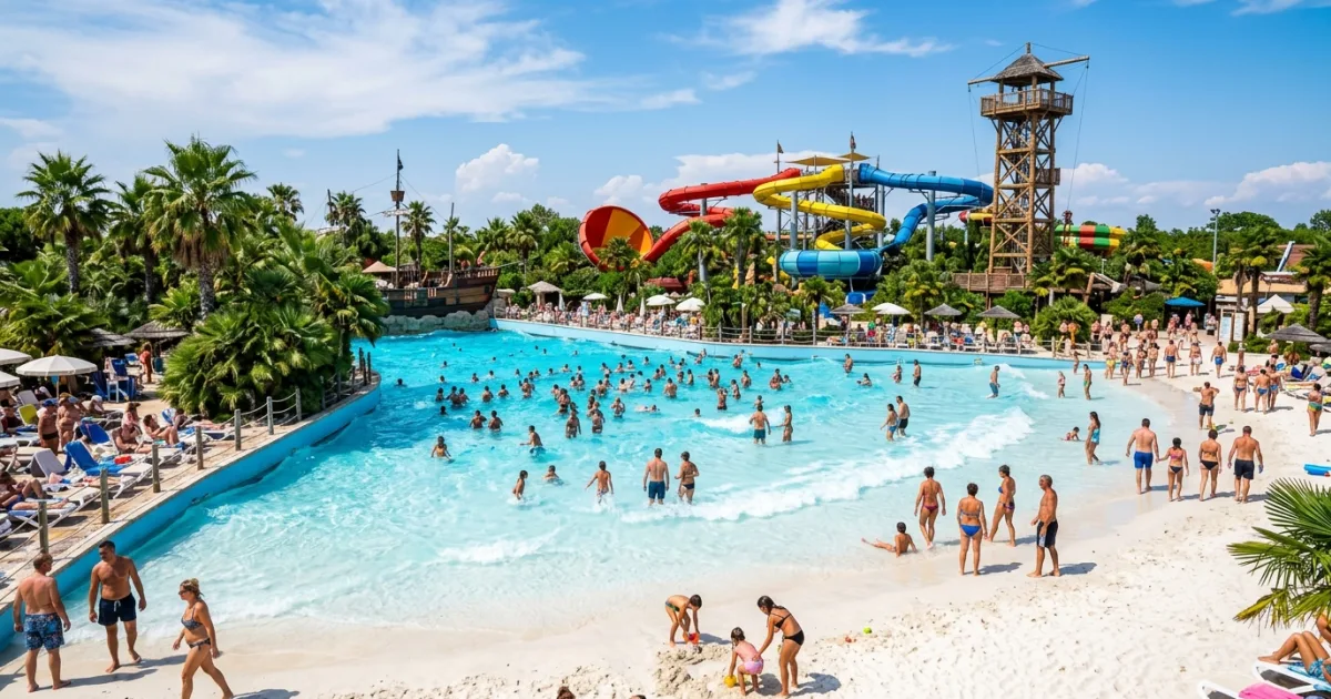 Panoramic view of Caribe Bay water park in Lido di Jesolo featuring Shark Bay and tall water slides.