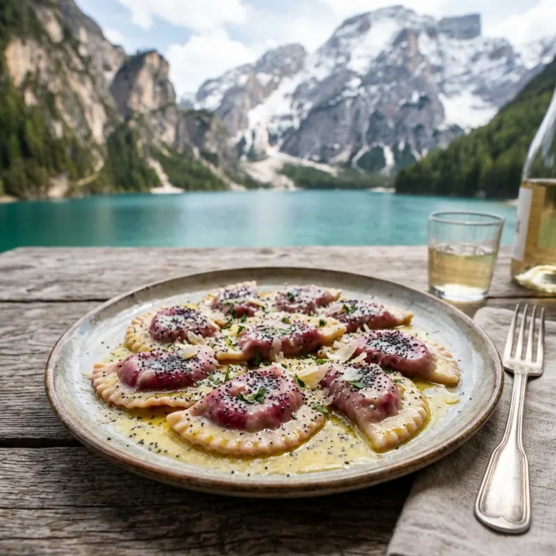 A plate of traditional Casunziei all'Ampezzana ravioli with butter and poppy seeds
