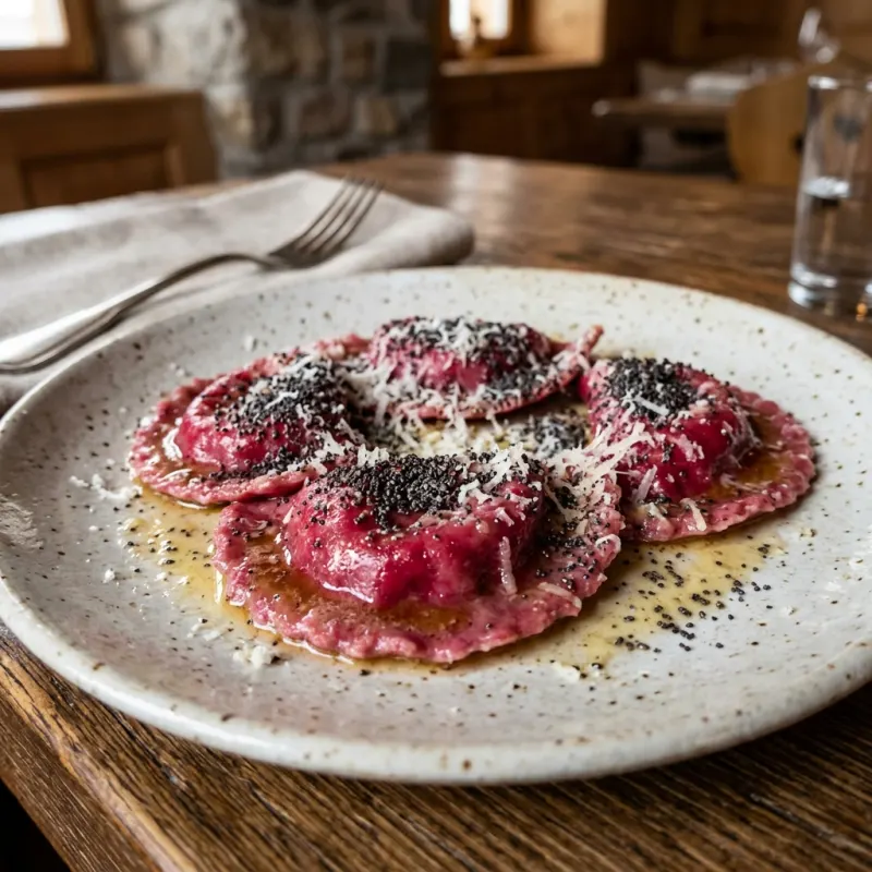 A plate of traditional Casunziei all'Ampezzana beet ravioli with poppy seeds