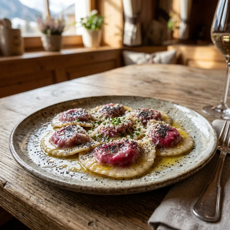A plate of traditional Casunziei Ampezzani ravioli with butter and poppy seeds
