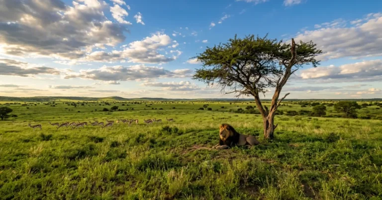 Central Kalahari Game Reserve 6 Black-maned lion resting on the green plains of the Central Kalahari Game Reserve