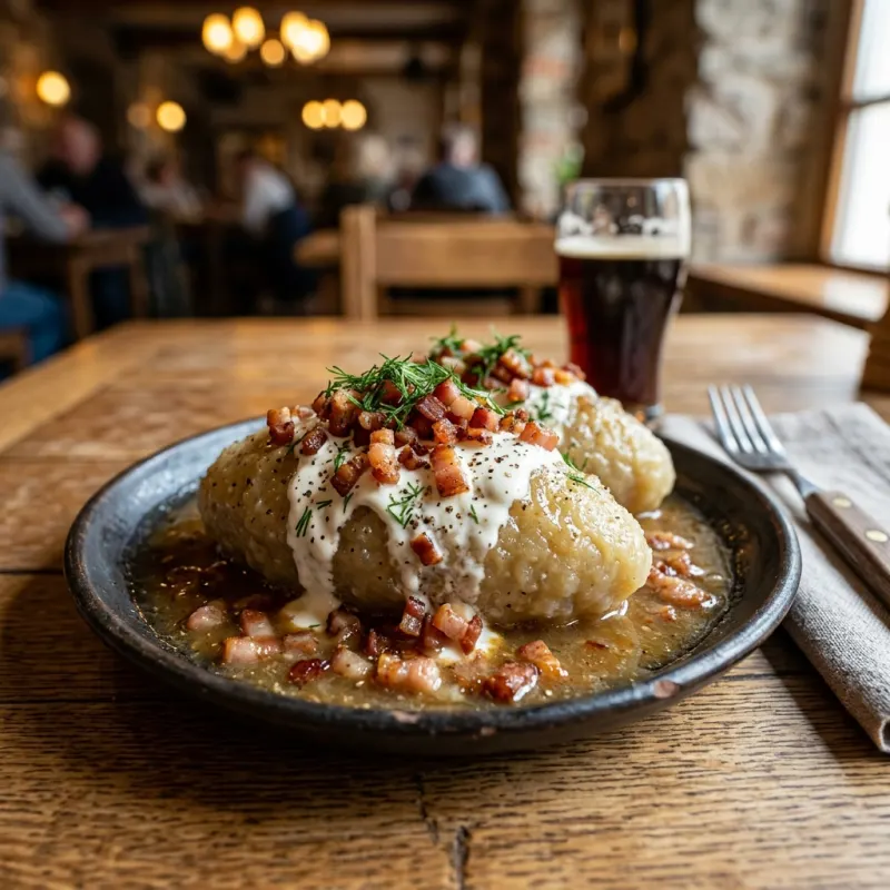 Traditional Lithuanian Cepelinai potato dumplings with bacon and sour cream sauce