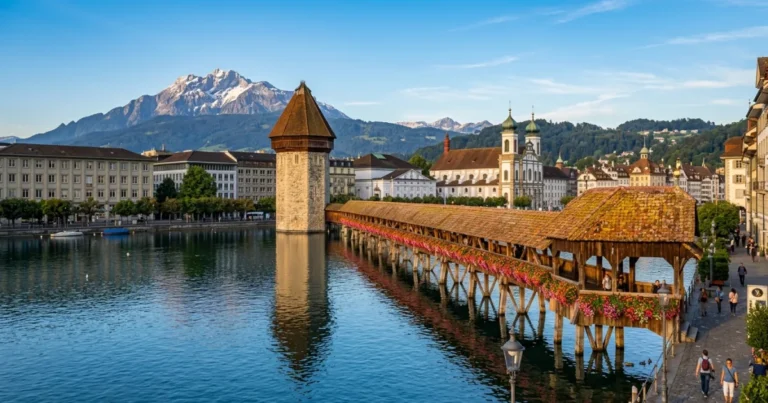 Chapel Bridge 7 Chapel Bridge and Water Tower in Lucerne, Switzerland during golden hour
