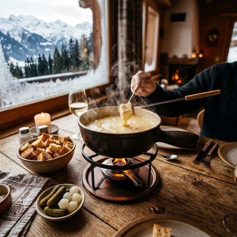 Traditional Swiss Cheese Fondue in an Alpine Chalet
