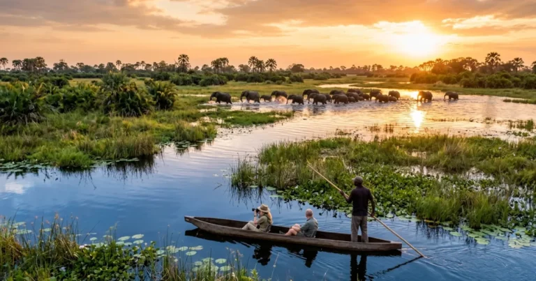 Chief’s Island 5 Aerial view of Chief's Island in the Okavango Delta with elephants wading in the water