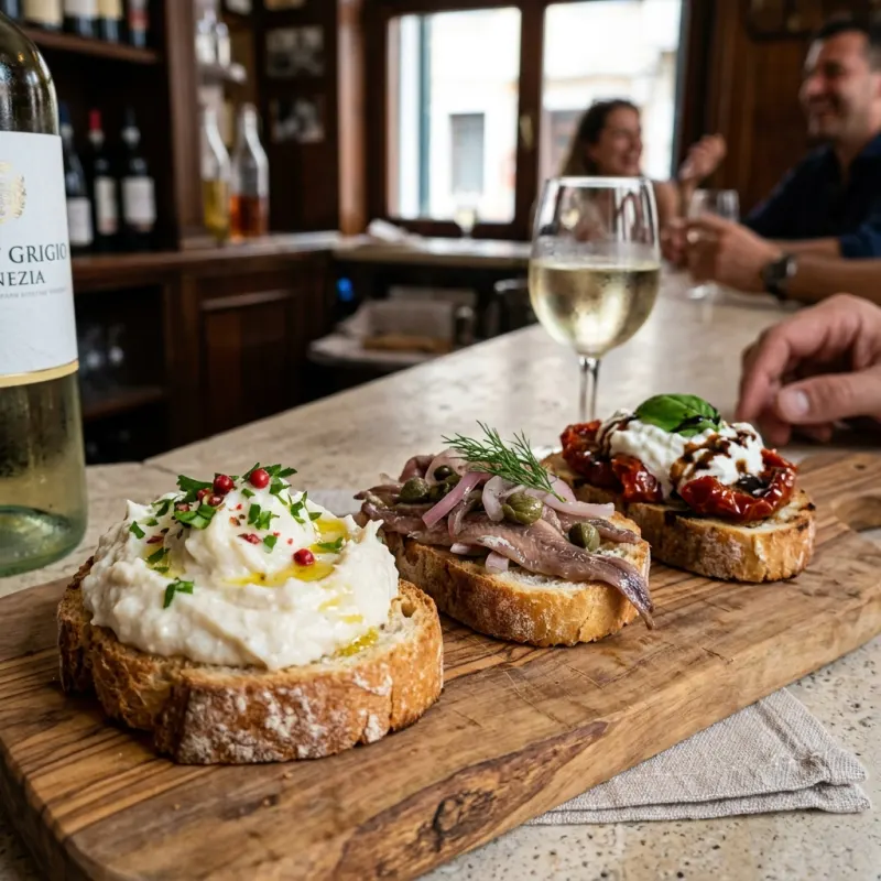 Traditional Venetian cicchetti on a wooden board with a glass of white wine