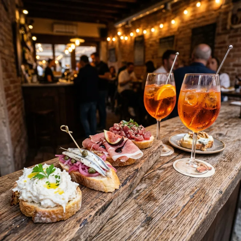 A colorful assortment of traditional Venetian cicchetti on a rustic wooden bar