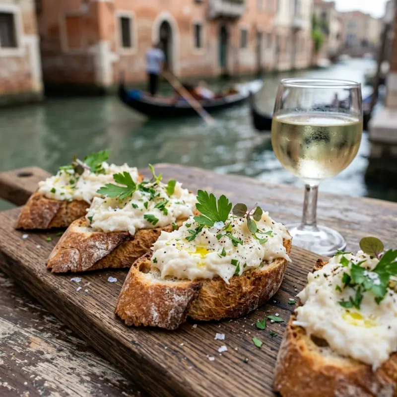 Venetian cicchetti with whipped salt cod and a glass of white wine