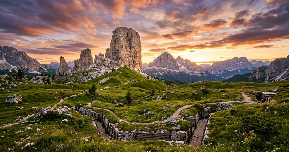 Travel Guides 4 Wide angle view of Cinque Torri peaks in the Dolomites at sunset