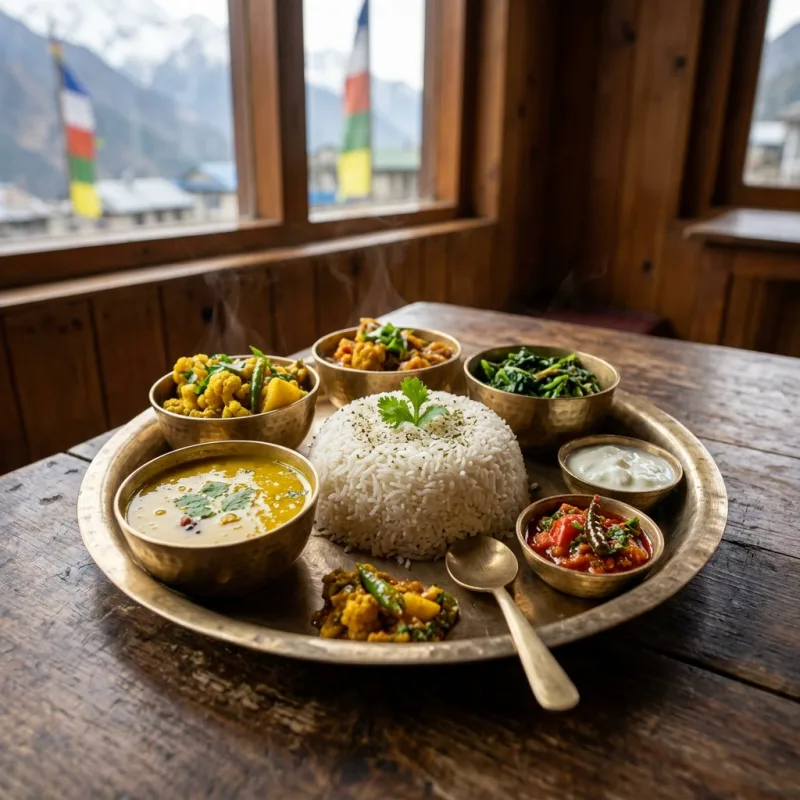 Traditional Nepalese Dal Bhat served on a brass platter
