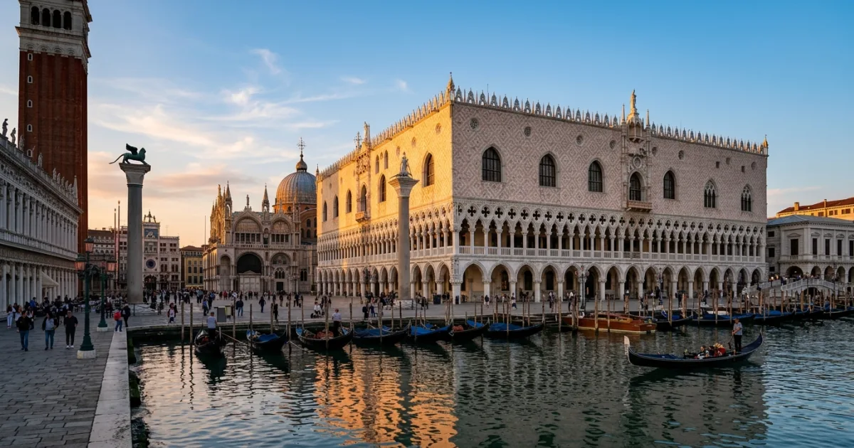 Doge's Palace facade viewed from the Venetian lagoon at sunset