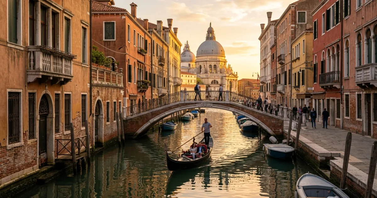 Travel Guides 7 A scenic canal in Dorsoduro, Venice at sunset with a gondola and the Basilica di Santa Maria della Salute in the background