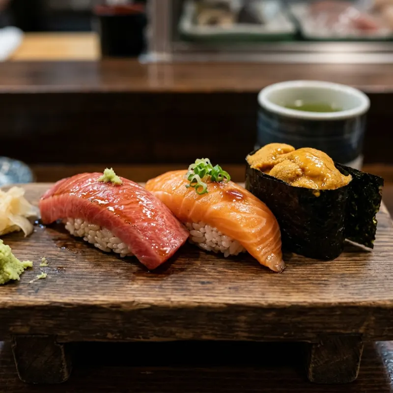 Close-up of traditional Edomae Sushi on a wooden plate