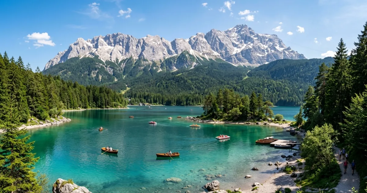 Boats on the crystal-clear waters of Lake Eibsee with the Zugspitze mountain in the background