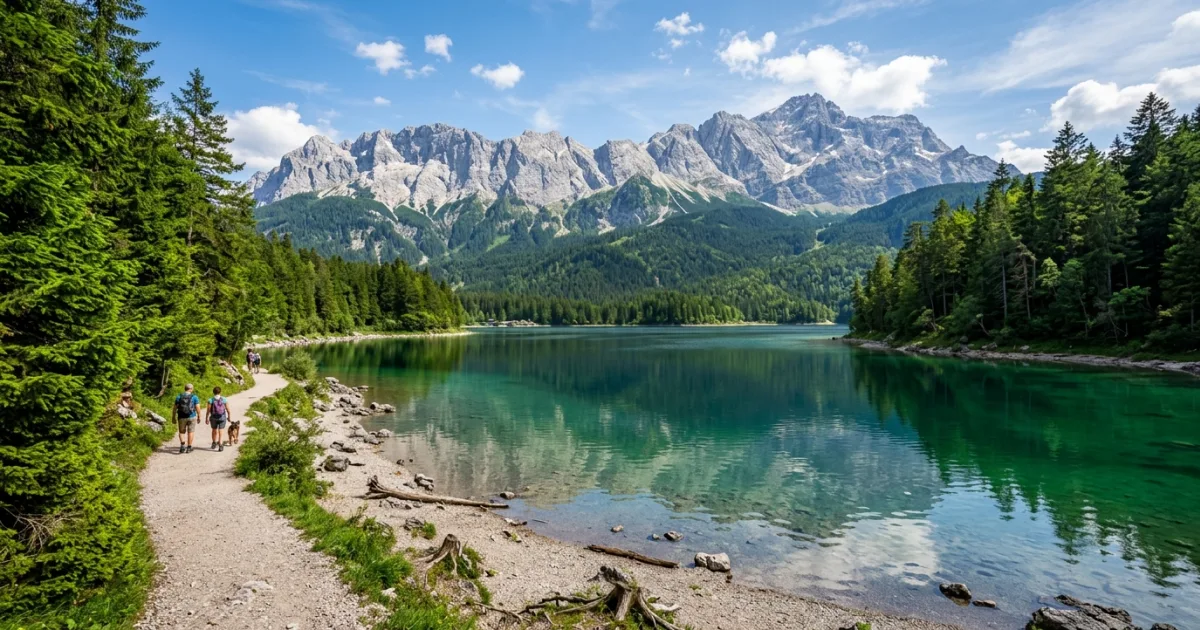 Panoramic view of Lake Eibsee and the Zugspitze mountain