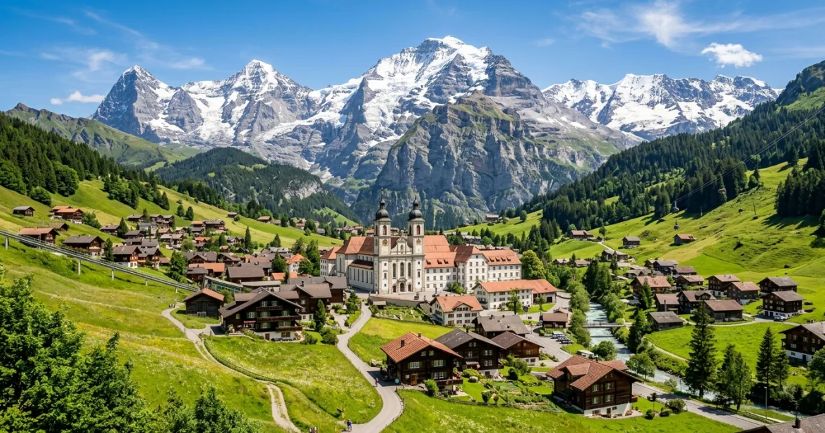 Panoramic view of Engelberg village and Mount Titlis in the Swiss Alps
