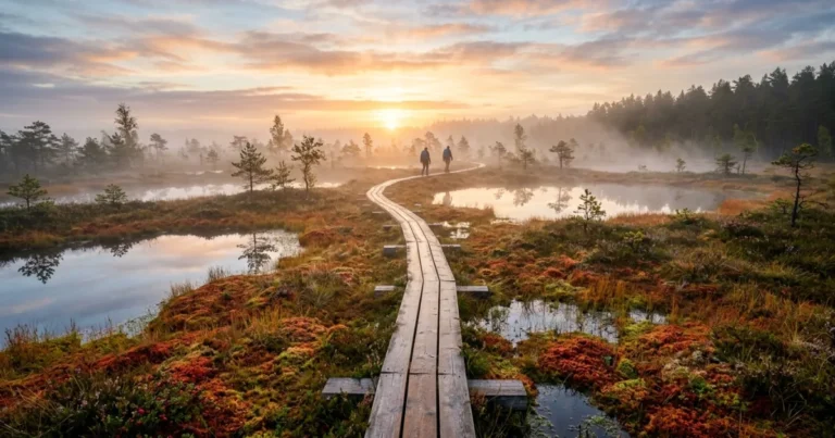 Estonia 23 Sunrise over a misty Estonian bog with a wooden boardwalk