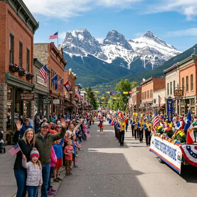 Community parade on Main Street in Canmore during Miners' Day with mountain peaks overhead