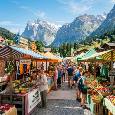 Shoppers browsing fresh fruit and artisan craft stalls at the Canmore Mountain Market