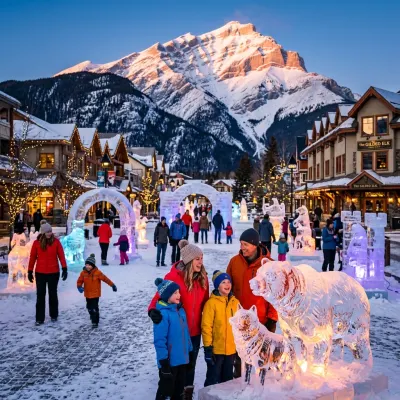 Families admiring detailed ice and snow sculptures in a sunlit snowy town plaza in Canmore