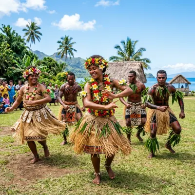 Indigenous Pacific island performers dancing outdoors in traditional ceremonial attire with floral adornments.
