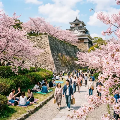 Canopy of pink cherry blossoms surrounding the historic stone walls of Fukuoka Castle in Maizuru Park