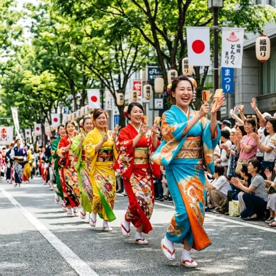 Performers in bright traditional costumes dancing during the Hakata Dontaku Festival in Fukuoka
