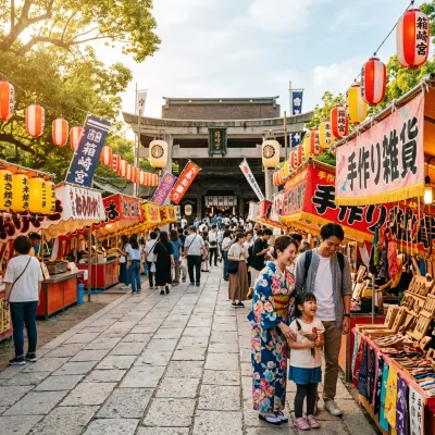 Bustling festival market stalls lined along the stone path to Hakozaki Shrine during Hojoya