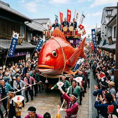 Large red lacquered sea bream float being pulled through a street during Karatsu Kunchi.