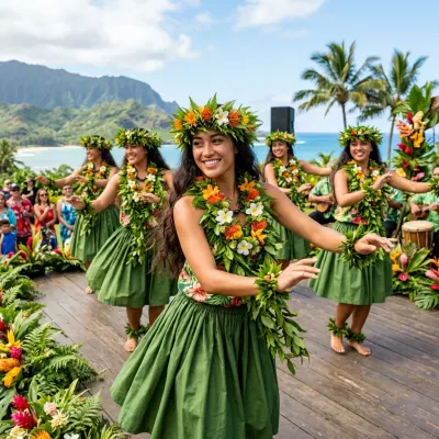 Hawaiian hula dancers in lush fern leis and traditional garments performing with grace.