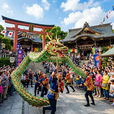Performers maneuvering a large traditional dragon figure during the Nagasaki Kunchi festival.