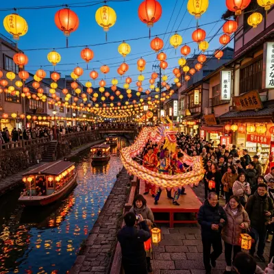 Canopy of vibrant red lanterns suspended over a Nagasaki street filled with festive visitors.